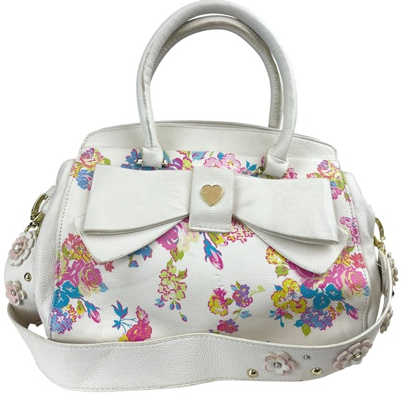 BETSEY JOHNSON White Floral Crossbody Top Handle Vegan Bow Cute Coquette_Flaw - Picture 5 of 9